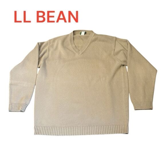 Vintage 90s LL Bean Mens Cotton Knit V-Neck Sweater Beige Men's Tan Sweater - Picture 3 of 10
